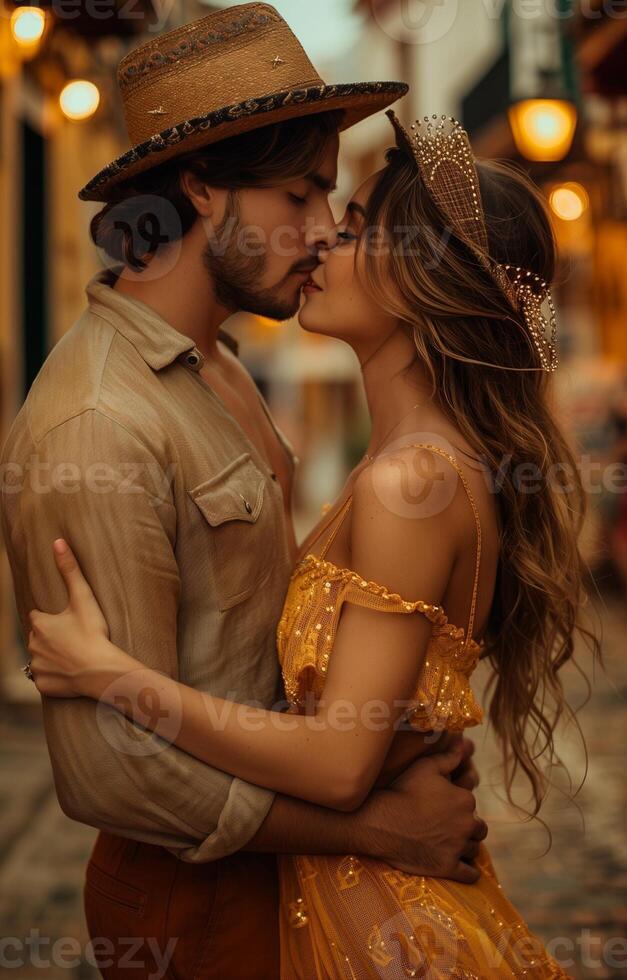 Young couple in love dancing and hugging on a city street, shopping in a romantic mood photo