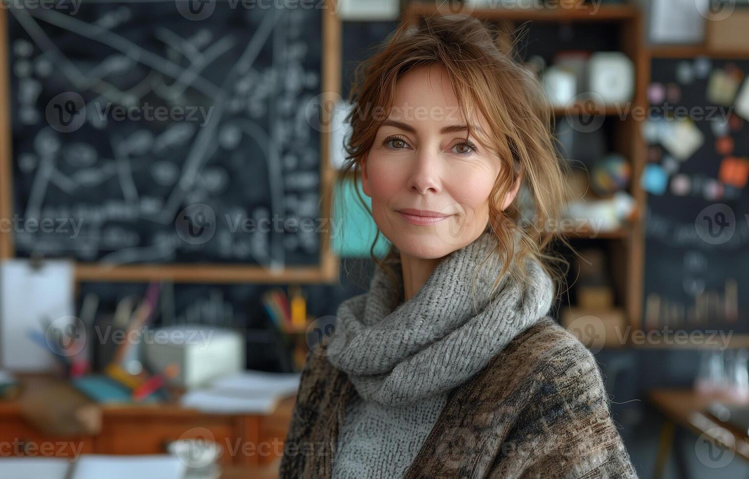 Elegant middle aged teacher standing before chalkboard, surrounded by math equations and colorful educational tools in classroom photo