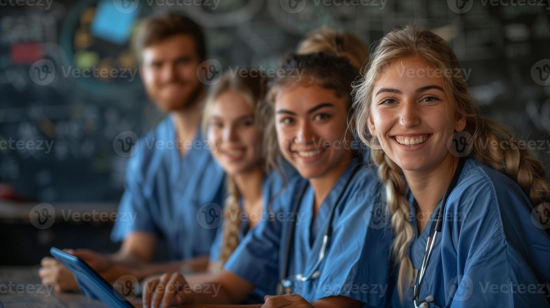 Young doctors in blue scrubs, holding tablets, smiling, engaging in a lesson with their instructor photo