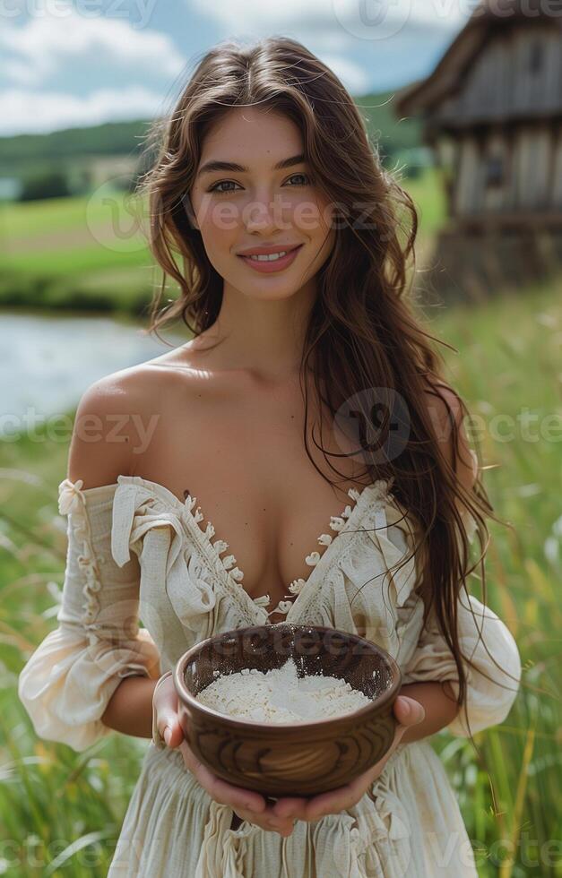 An attractive young woman in a light dress offers a wooden bowl with white powder, smiling near an old mill photo