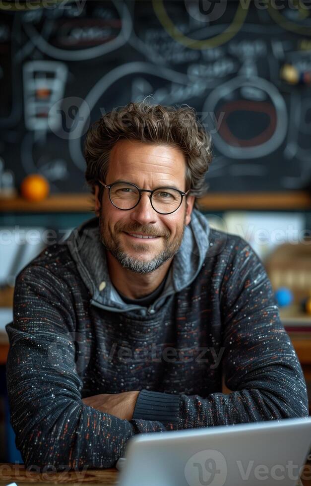 Smiling teacher wearing glasses sits at a desk with a laptop in front of a blackboard photo