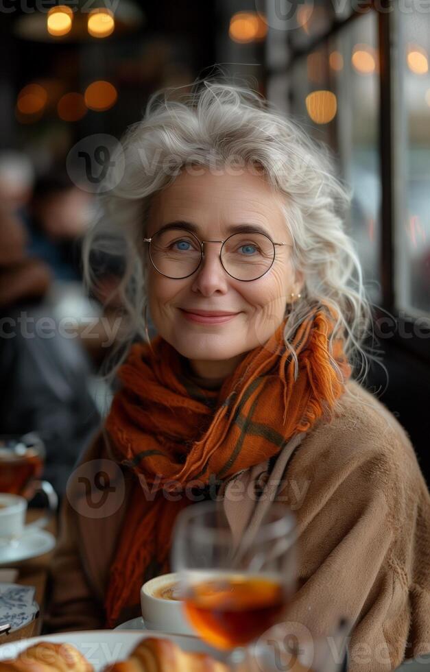 Senior woman smiling with friends, enjoying coffee and croissants at a modern cafe table photo