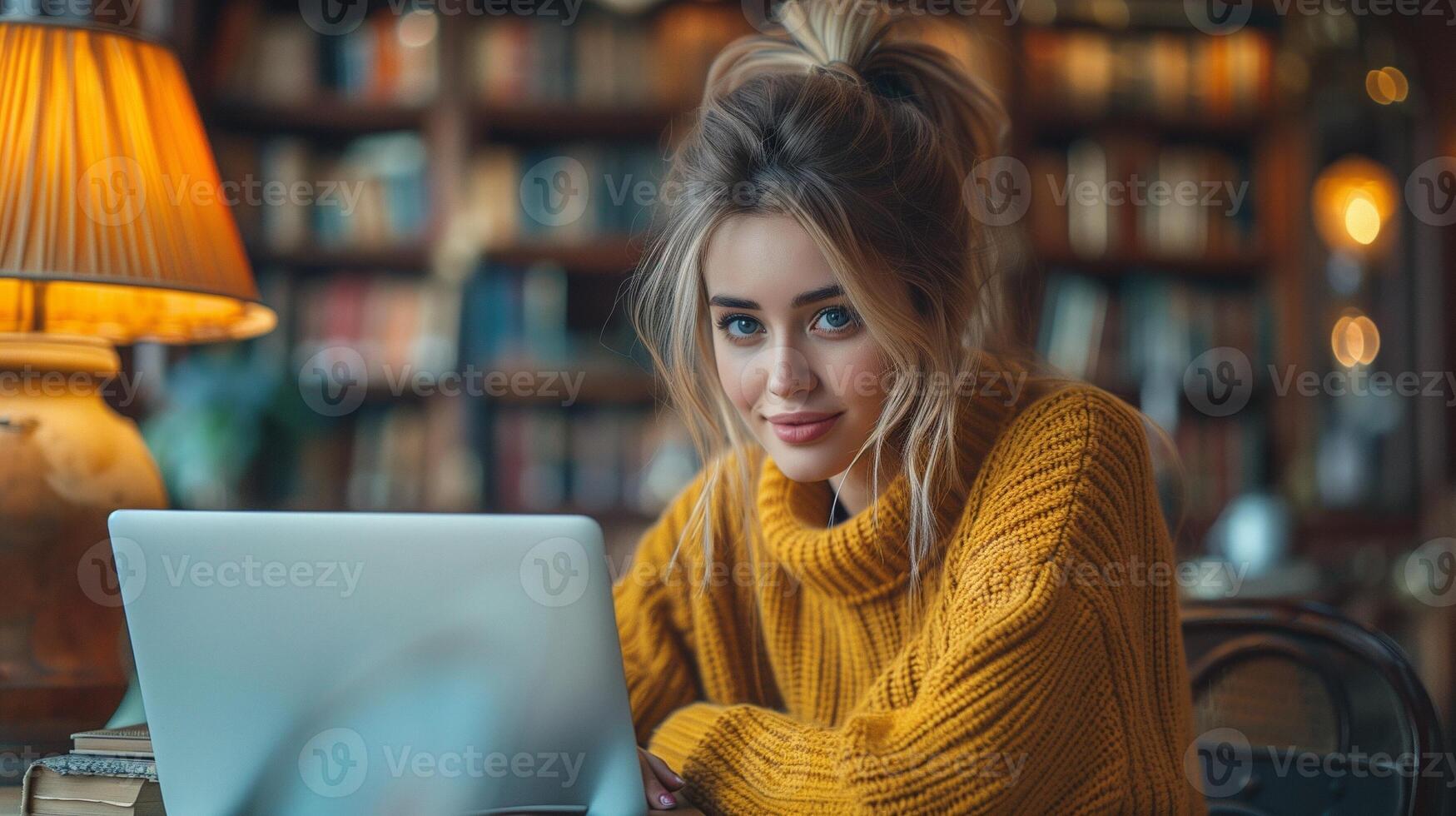 A young woman in a yellow sweater working on a laptop in a cozy library at night photo
