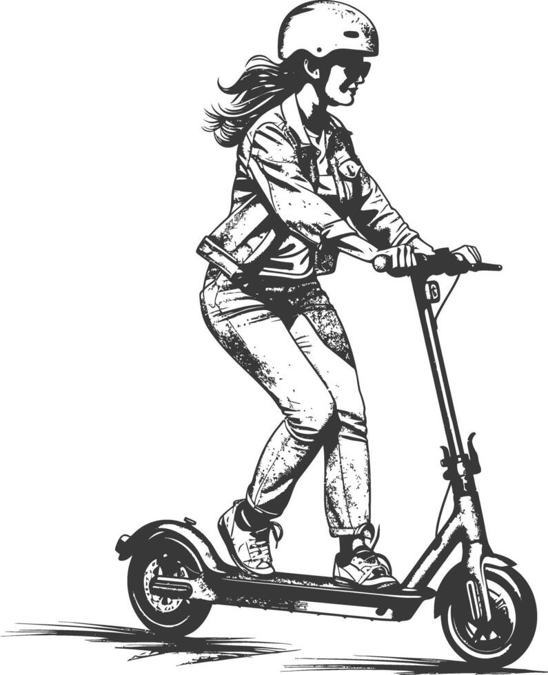 woman riding electric scooter with engraving style black color only vector