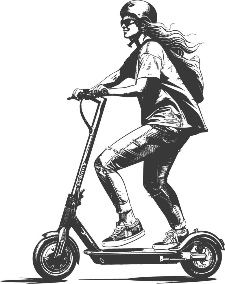 woman riding electric scooter with engraving style black color only vector