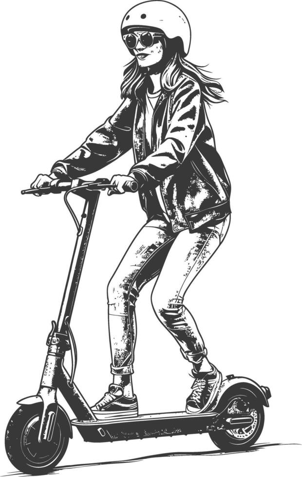 woman riding electric scooter with engraving style black color only vector