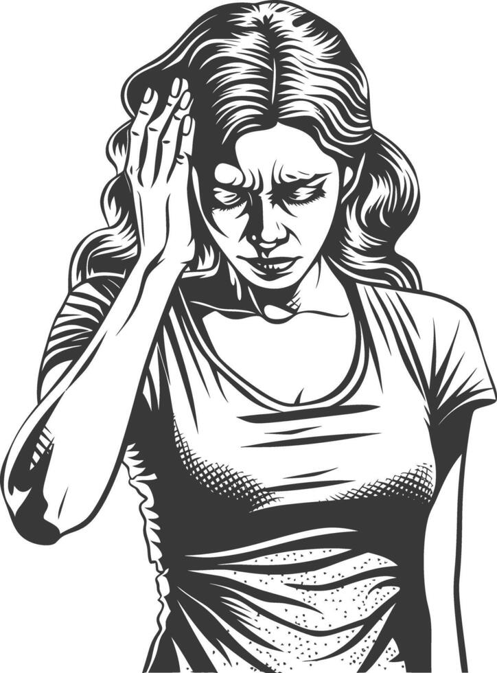 woman holding headache in pain with engraving style black color only vector