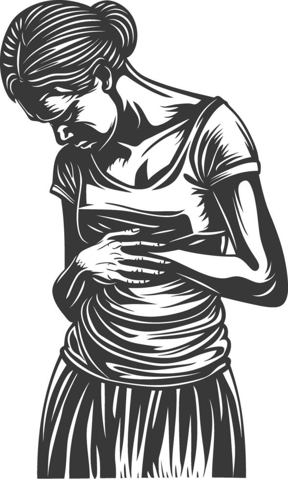 woman holding stomach in pain with engraving style black color only vector
