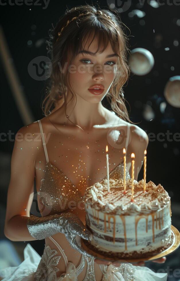 Brown haired woman with glittering gloves holds a huge birthday cake on the moon, against black background photo