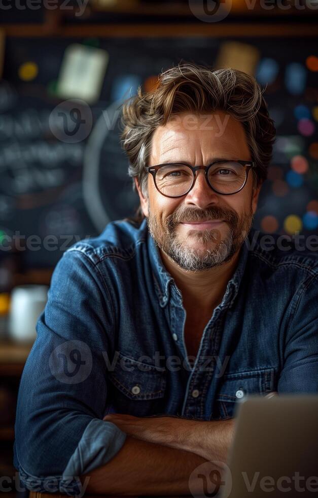 Smiling teacher wearing glasses sits at a desk with a laptop in front of a blackboard photo