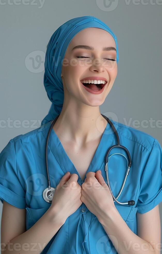 Young nurse in blue scrubs and headscarf, with stethoscope, laughing and touching her chest, white background photo