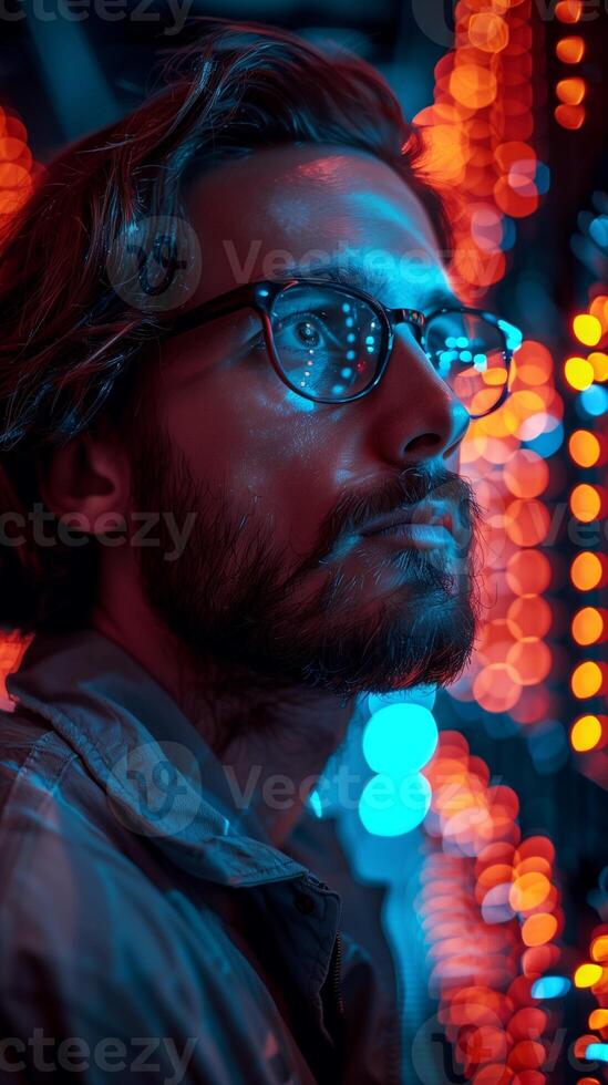 An IT professional is standing in the middle of a vast datacenter filled with servers and equipment photo