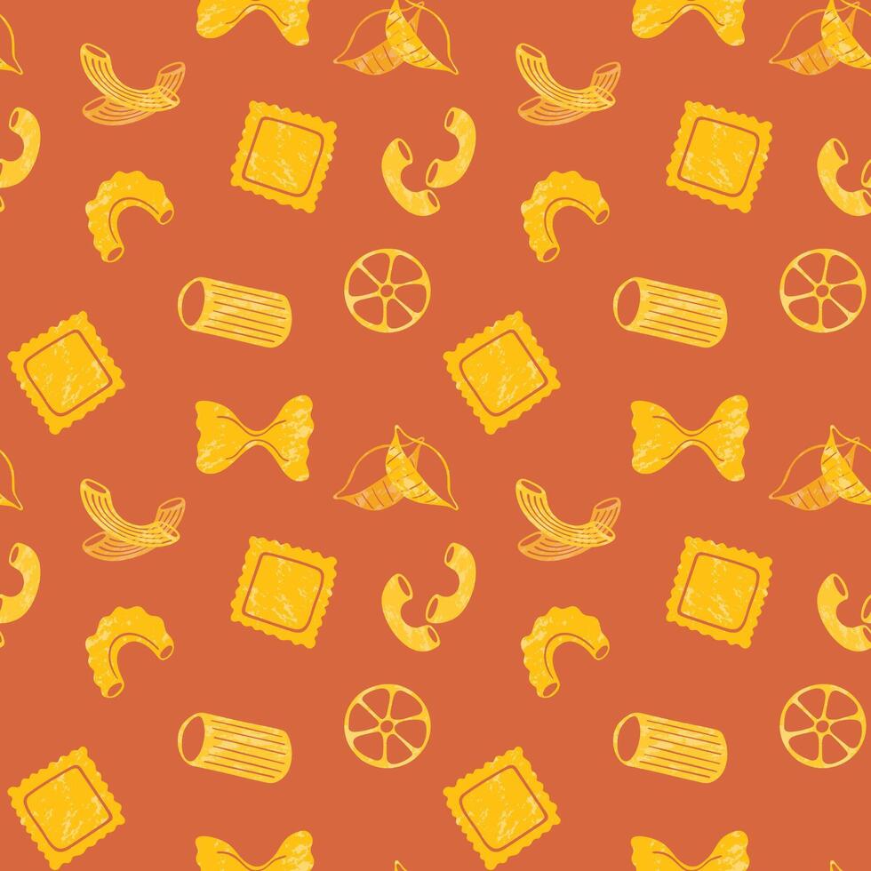 Pasta types seamless pattern on red background. Different shapes of Italian pasta. Spaghetti, Farfalle, penne, rigatoni, ravioli, fusilli, conchiglie, rotelle, paccheri flat illustration. vector