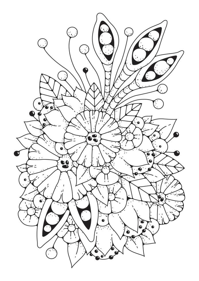 illustration for coloring. A magical flower garden with large round flowers and buds. Coloring page. Art therapy. vector