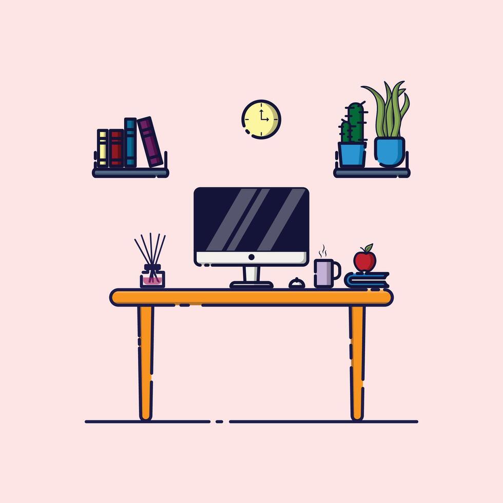 Workspace without chair. Workspace Cartoon. Study Desk. vector