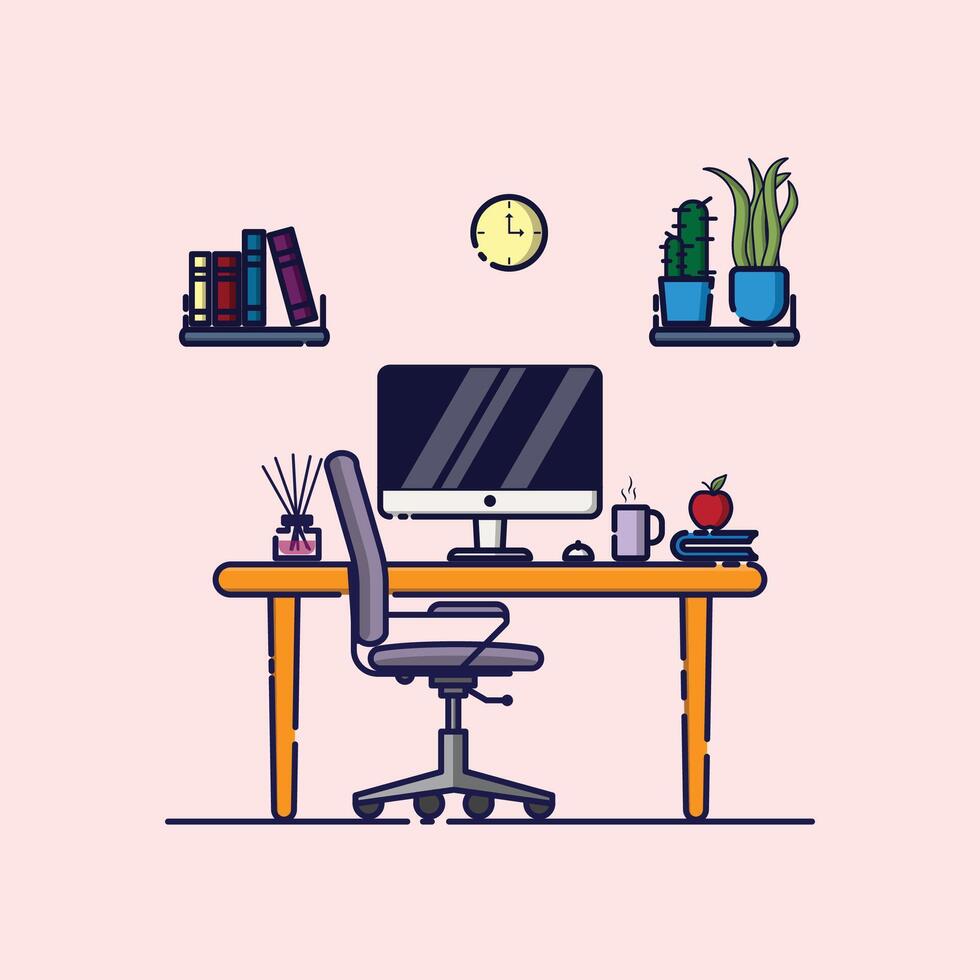 Workspace Cartoon. Study Desk Drawing. vector