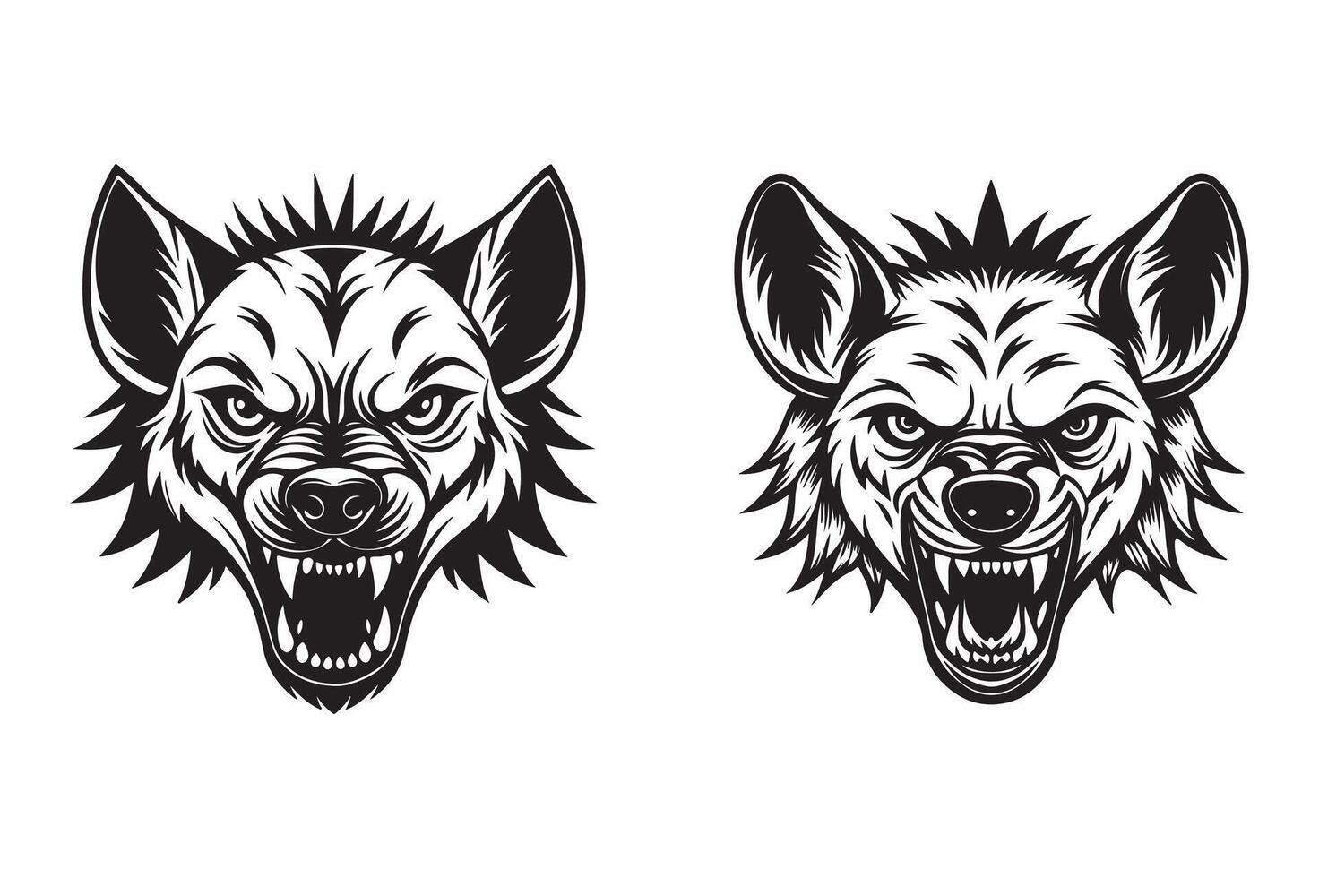 Hyena head black and white color linocut stencil silhouette clipart illustration isolated on white background 02 vector
