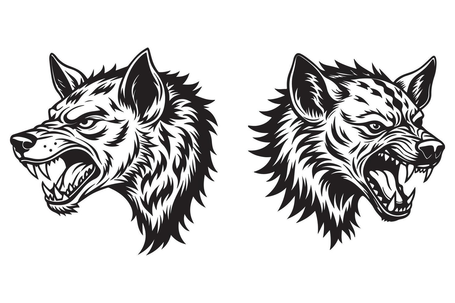Hyena head black and white color linocut stencil silhouette clipart illustration isolated on white background 02 vector