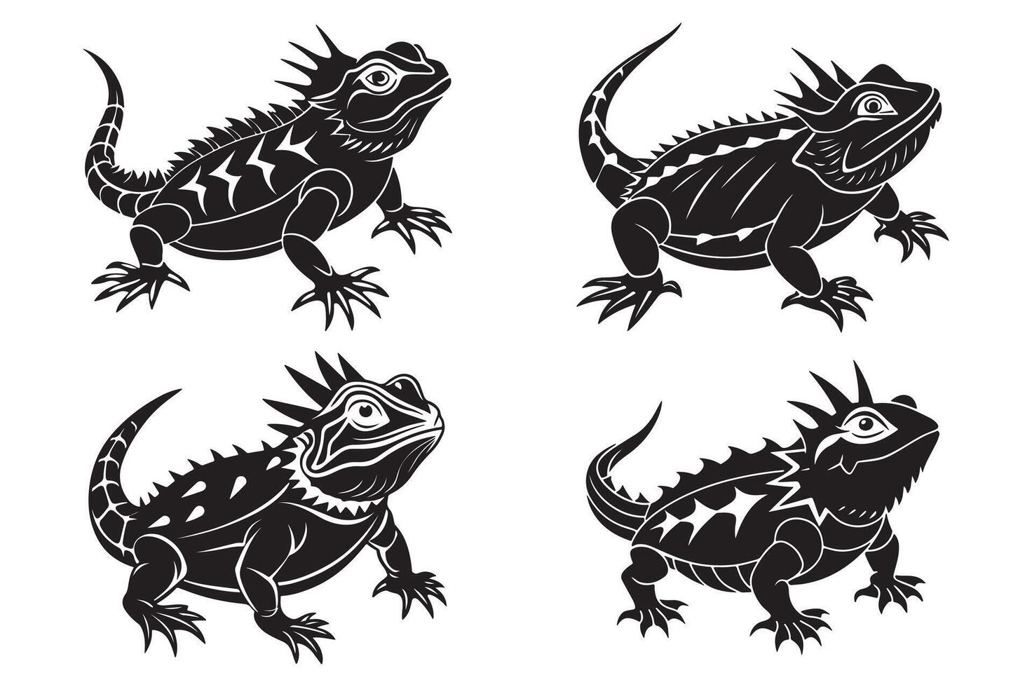 Bundle set of cutout chameleon black and white color silhouette set isolated on white background vector