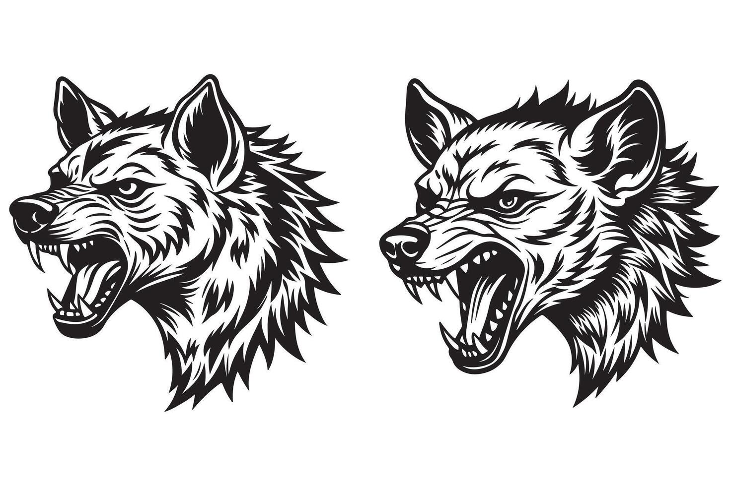 Hyena head black and white color linocut stencil silhouette clipart illustration isolated on white background 02 vector