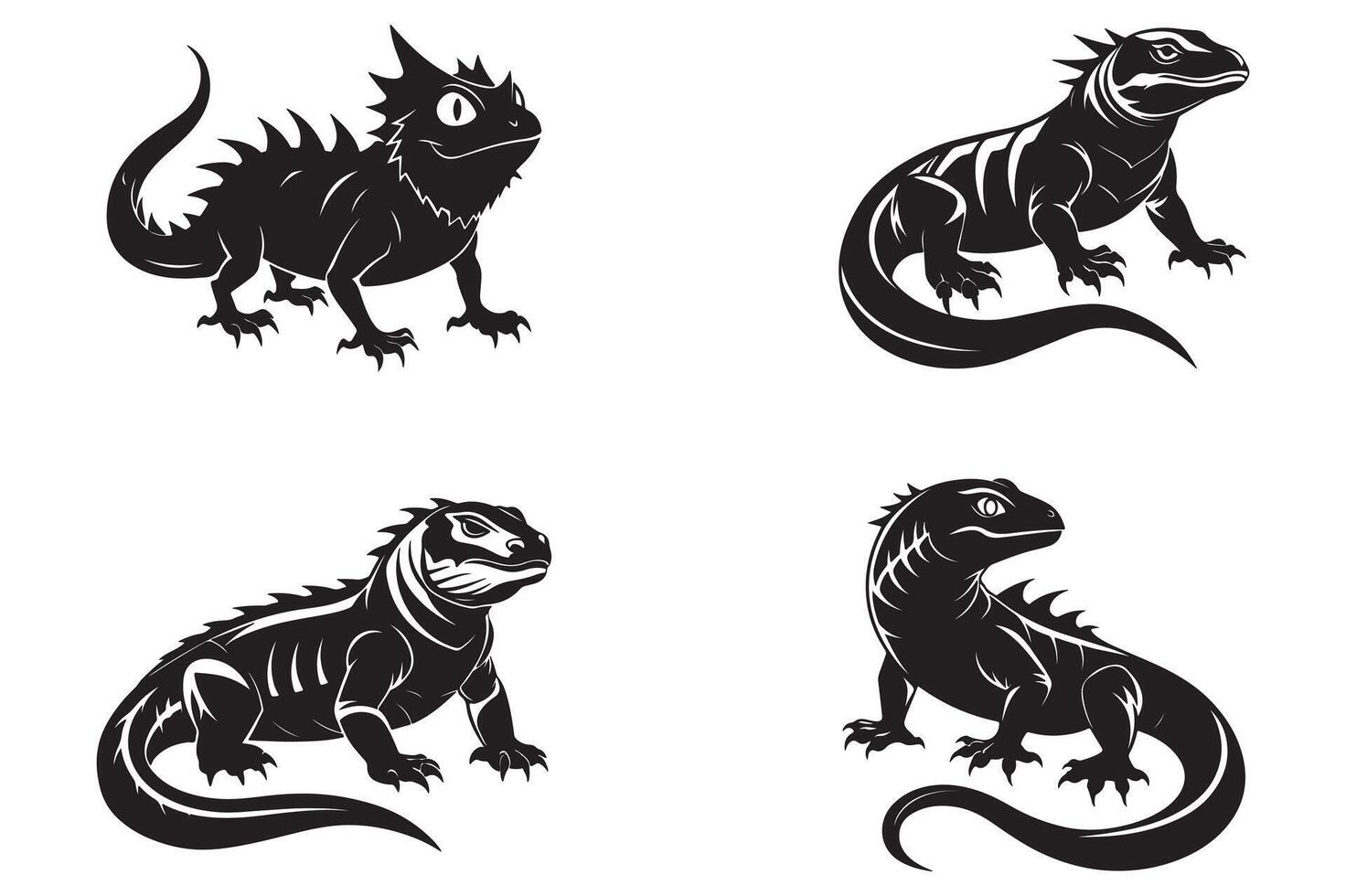 Bundle set of cutout chameleon black and white color silhouette set isolated on white background vector