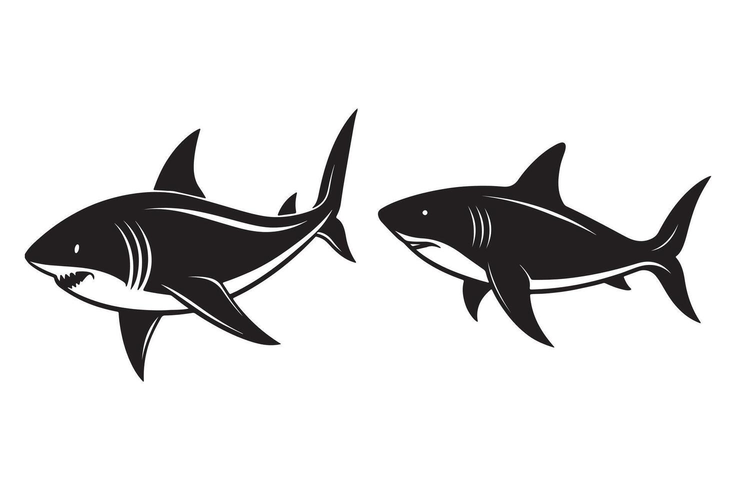 Bundle of Shark cartoon cutout style black and white color silhouette clipart illustration vector