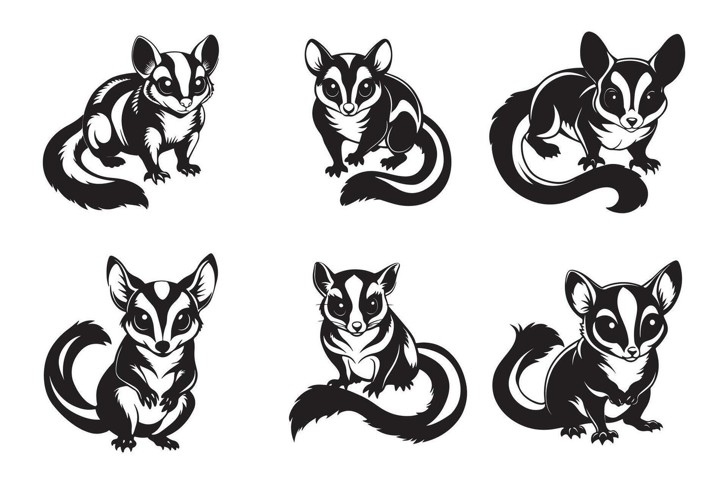Bundle of sugar glider stencil cutout style black and white color silhouette clipart illustration vector