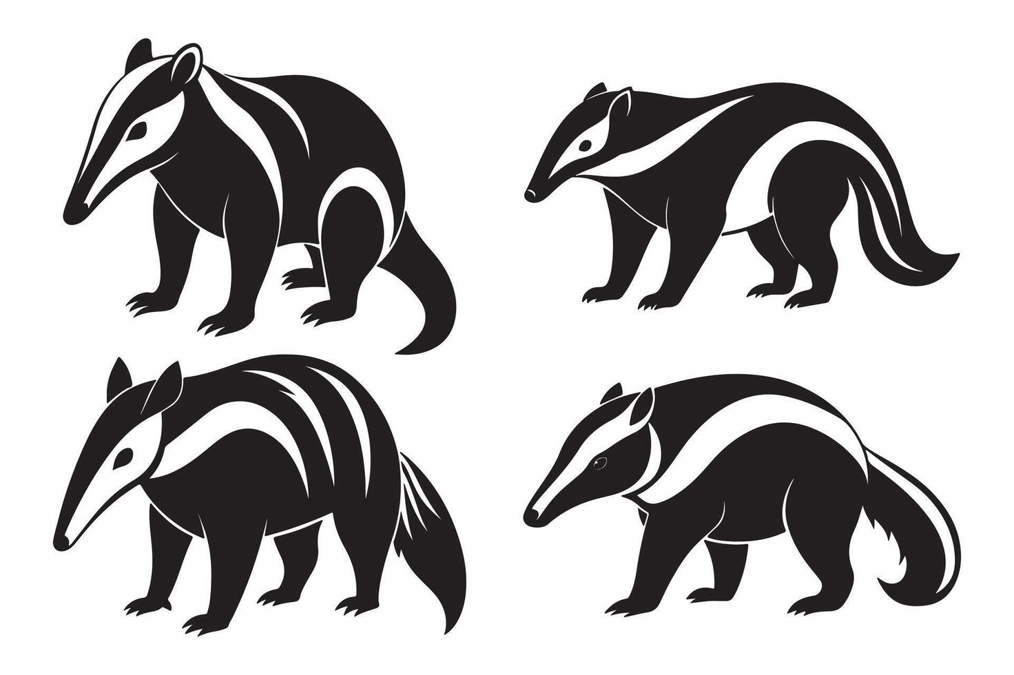 Bundle of anteater stencil cutout style black and white color silhouette clipart illustration vector