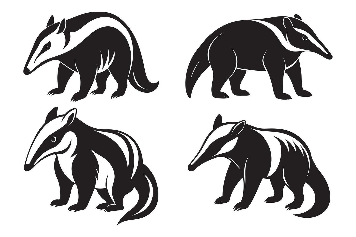 Bundle of anteater stencil cutout style black and white color silhouette clipart illustration vector
