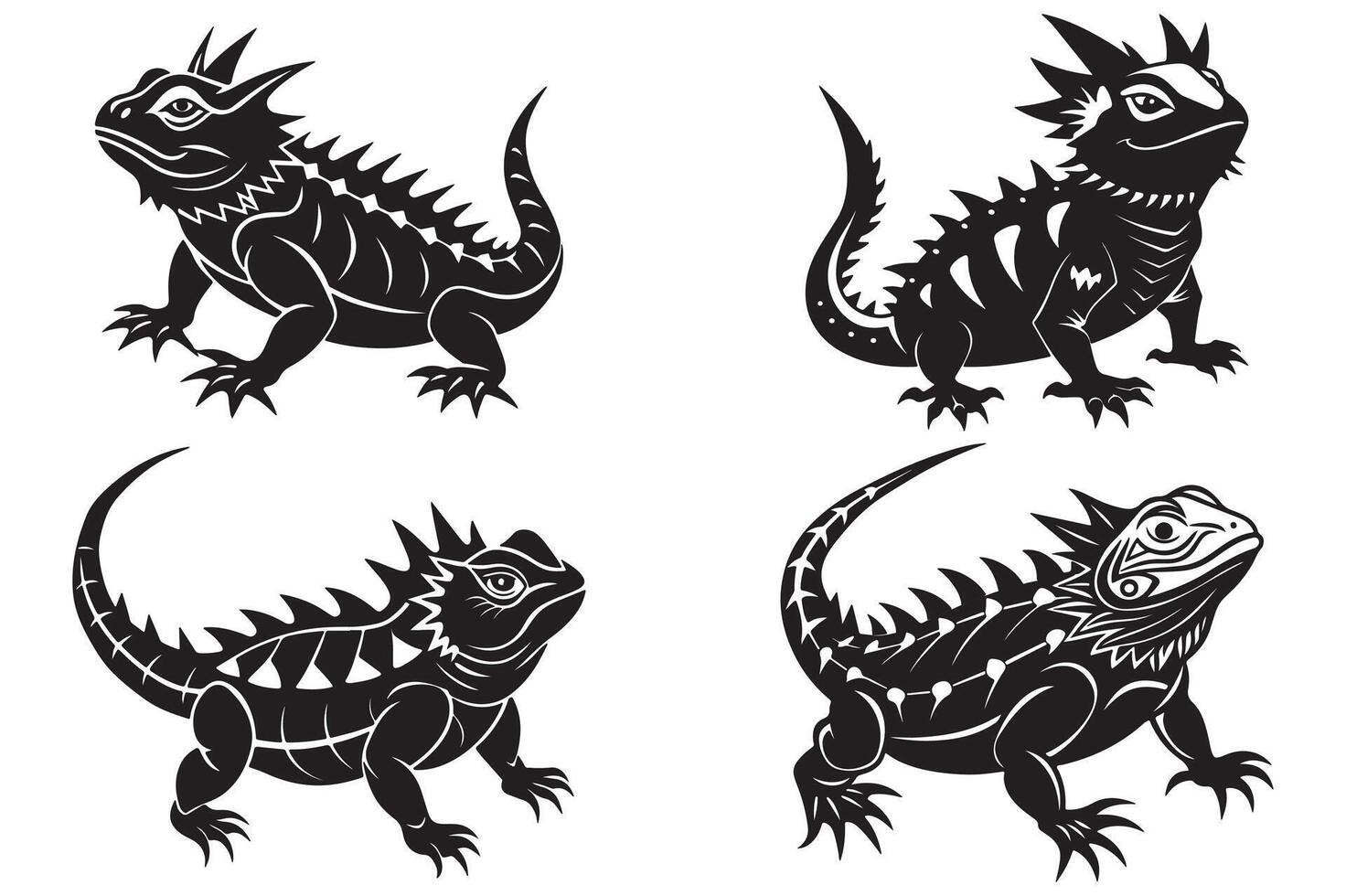 Bundle set of cutout chameleon black and white color silhouette set isolated on white background vector