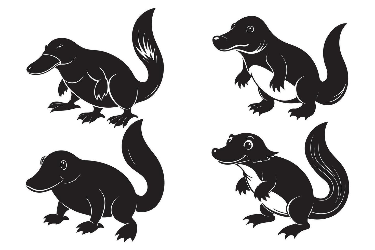 Bundle of Platypus stencil cutout style black and white color silhouette clipart illustration vector