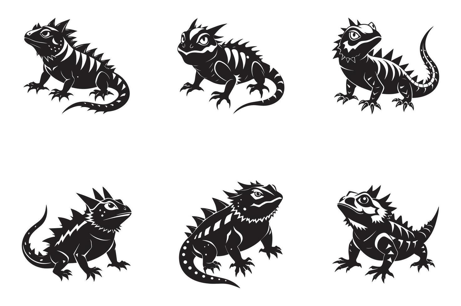 Bundle set of cutout chameleon black and white color silhouette set isolated on white background vector