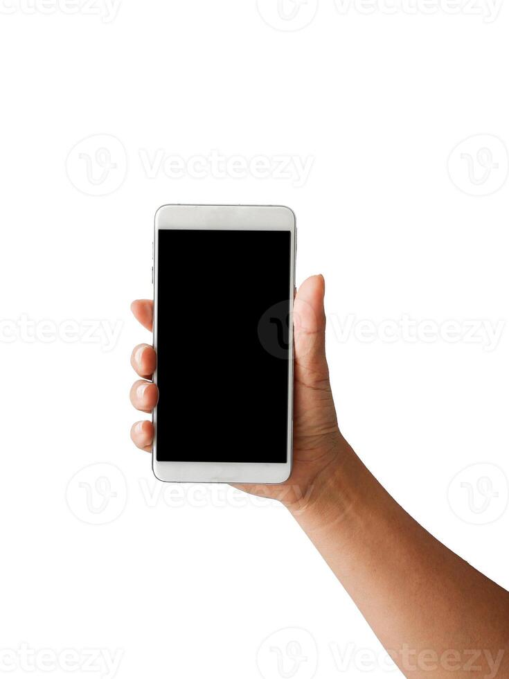 Female right hand holding and touching on mobile smartphone show back side. isolated on white background photo