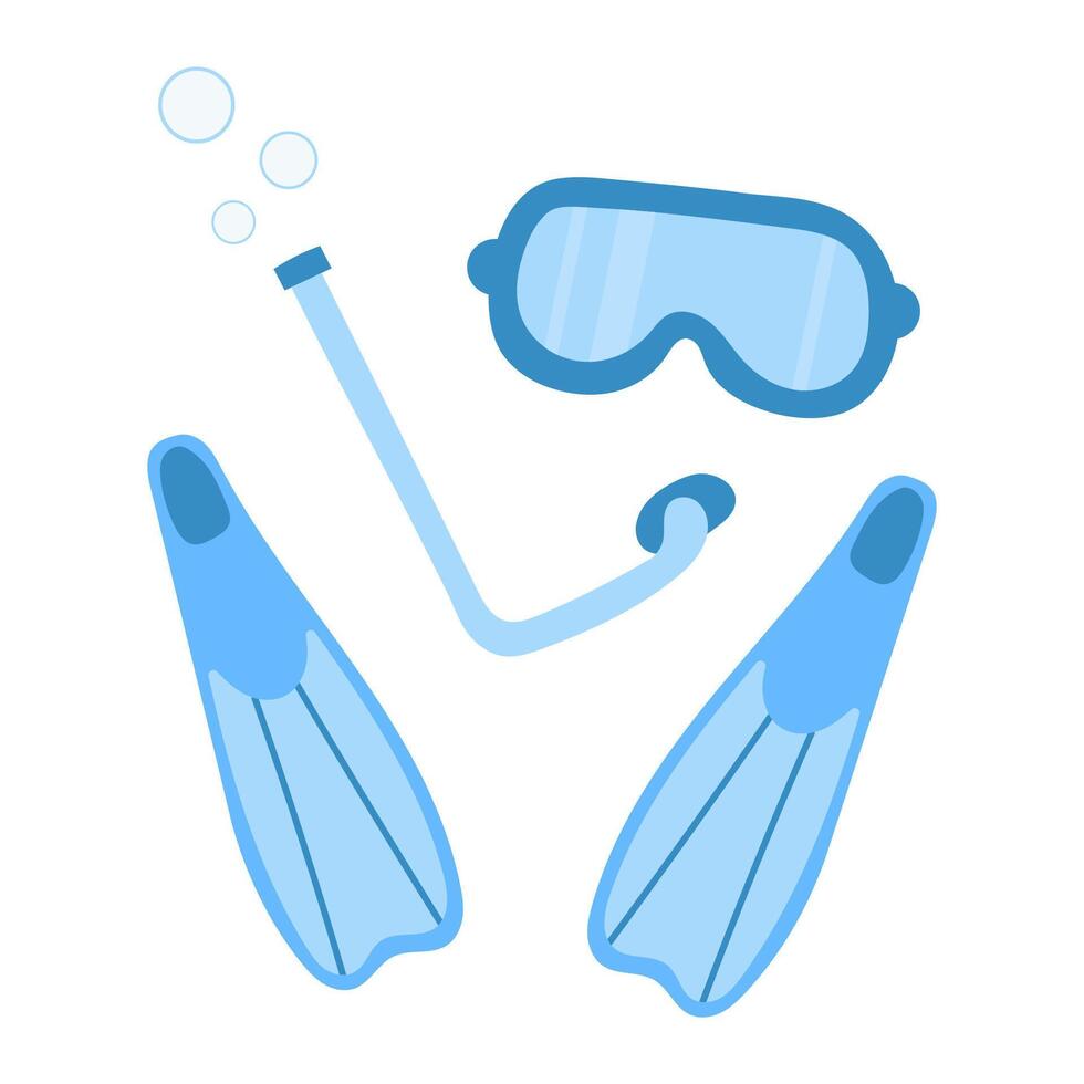 Blue diving set. Mask, fins, snorkel. Hand drawn illustration vector
