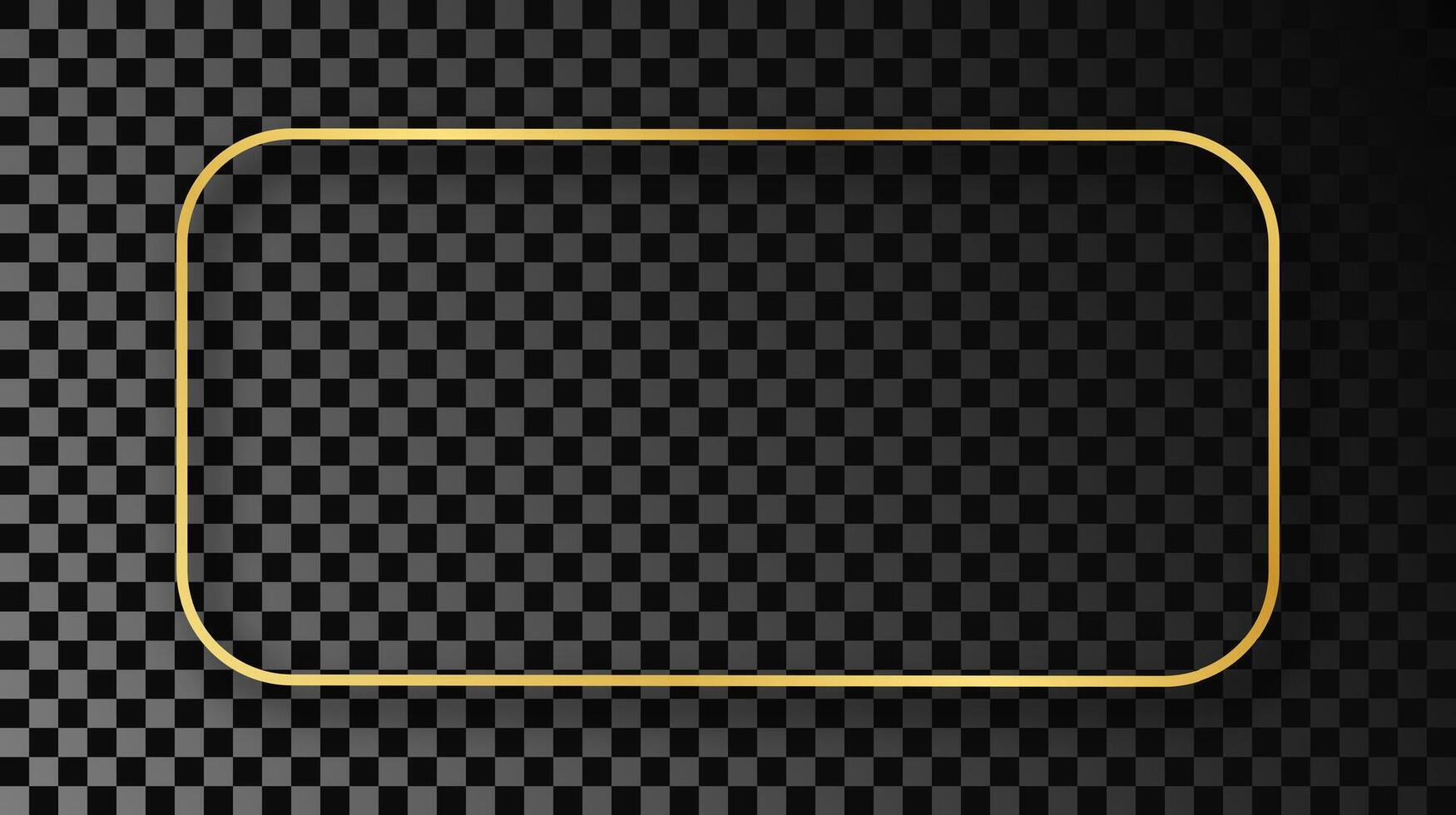 Gold glowing rounded rectangular frame with shadow isolated on dark background. Shiny frame with glowing effects. illustration. vector
