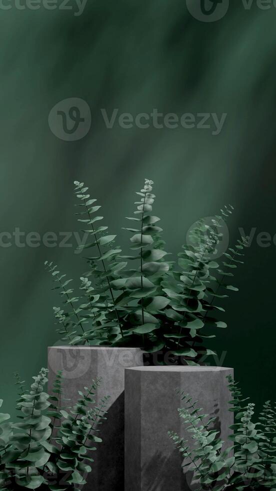 Concrete podium with green eucalyptus leaves 3d rendering mockup template in portrait layout photo
