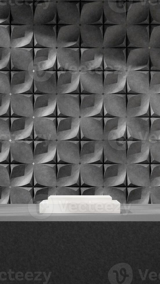 White podium 3d render mockup template in portrait with unique shape pattern wall background photo