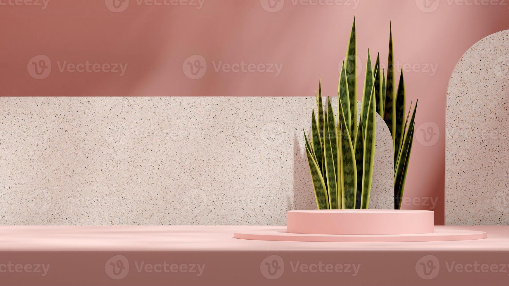 Pastel pink podium 3d rendering scene with snake plant and terrazzo backdrop in landscape layout photo