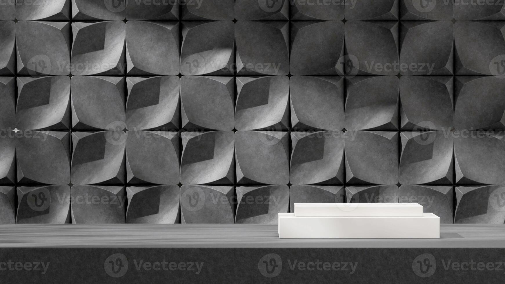 White podium 3d render mockup template in landscape with unique shape pattern wall background photo