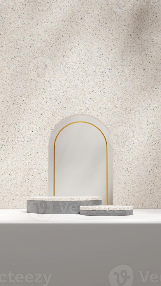 3d rendering mockup template concrete and terrazzo podium in portrait with geometric shape backdrop photo