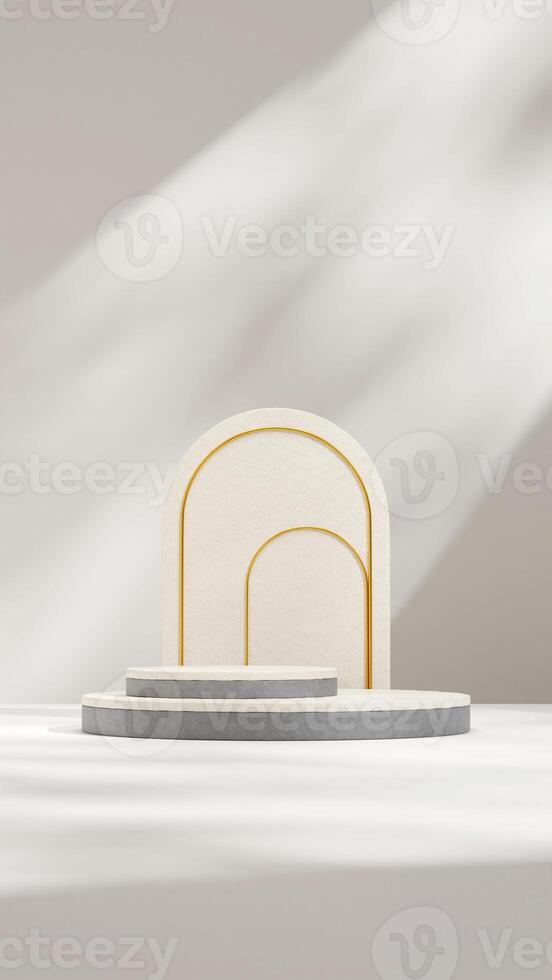 Bright scene terrazzo and concrete texture podium 3d rendering mockup in portrait with gold arch photo
