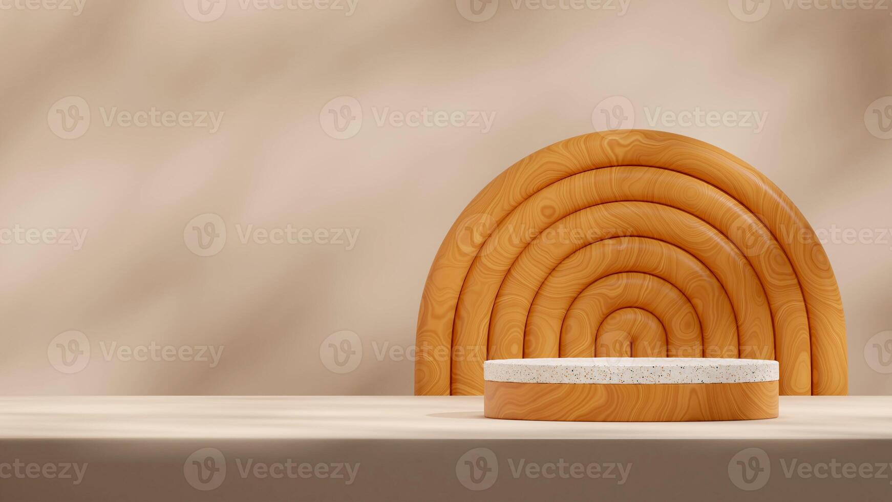 Wooden arch 3d rendering scene mockup terrazzo texture podium template in landscape layout photo