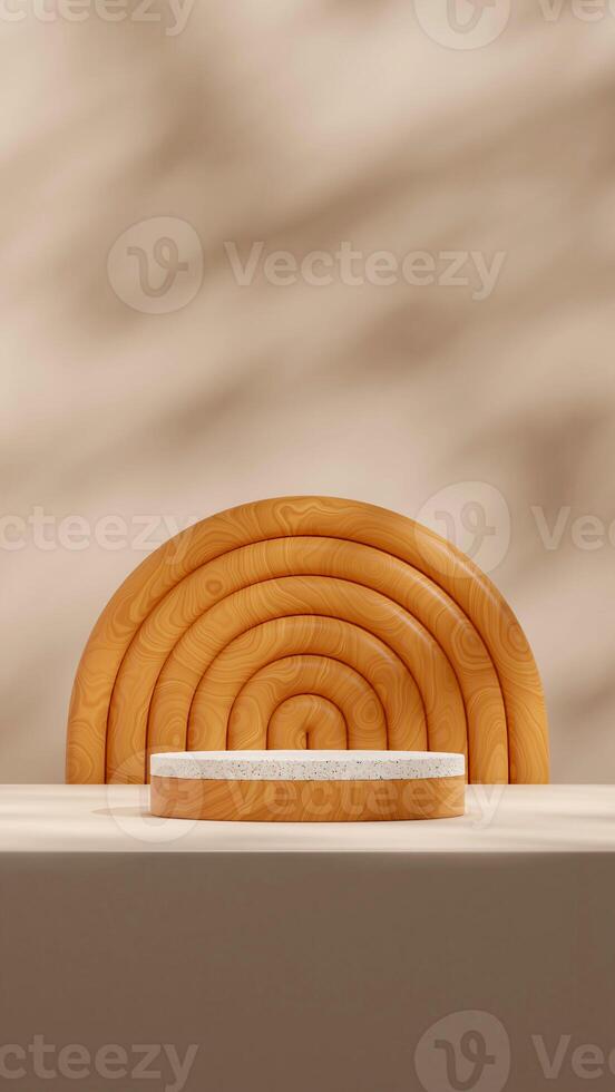 Wooden arch 3d rendering scene mockup terrazzo texture podium template in portrait layout photo