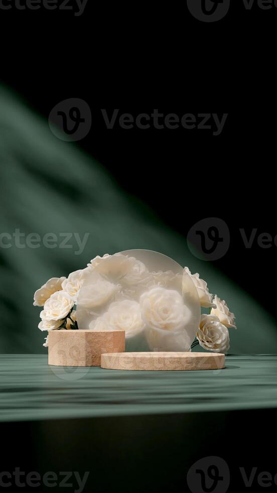3d rendering mockup terrazzo texture podium with frosted glass and white rose backdrop in portrait photo