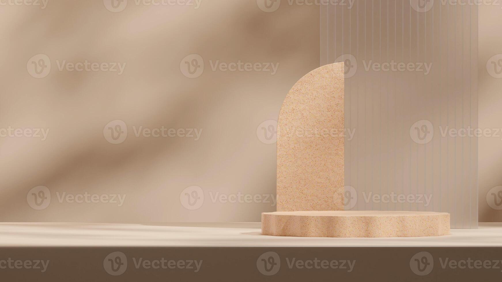 3d render mockup template terrazzo podium in landscape with glass wall backdrop photo