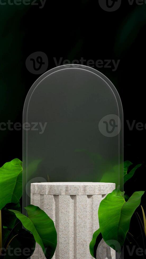 3d rendering mockup template terrazzo podium in portrait with frosted glass and plant in background photo
