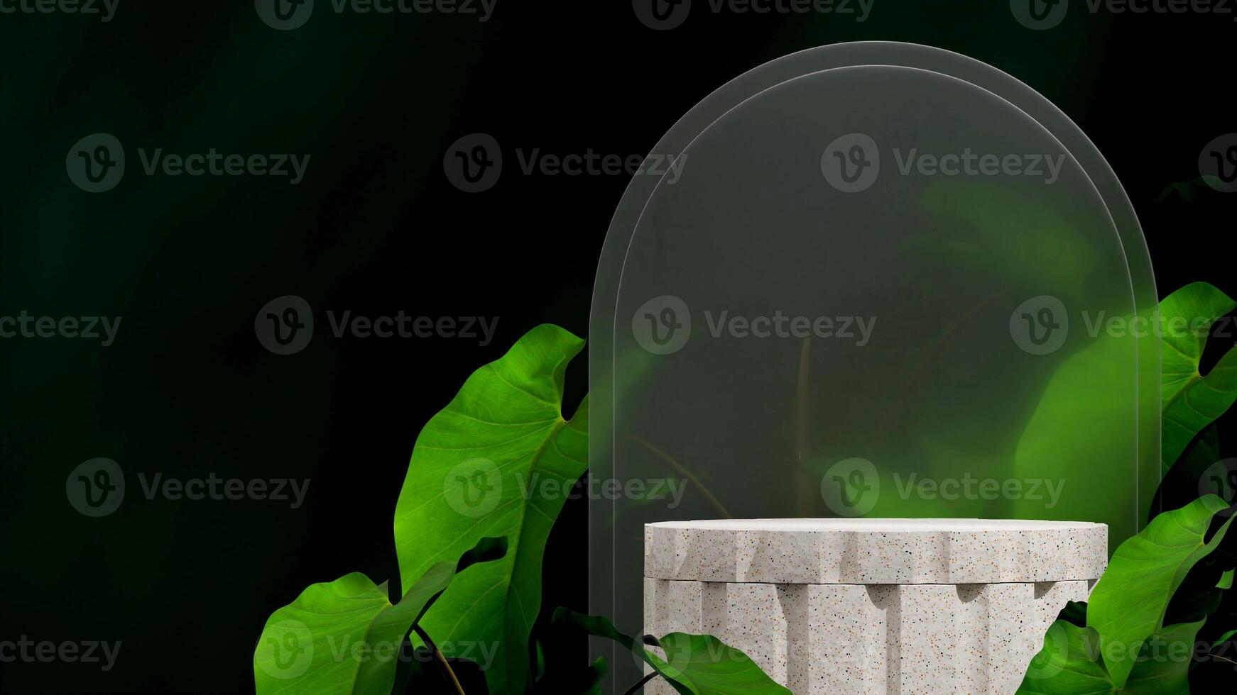 3d rendering mockup template terrazzo podium in landscape with frosted glass and plant in background photo