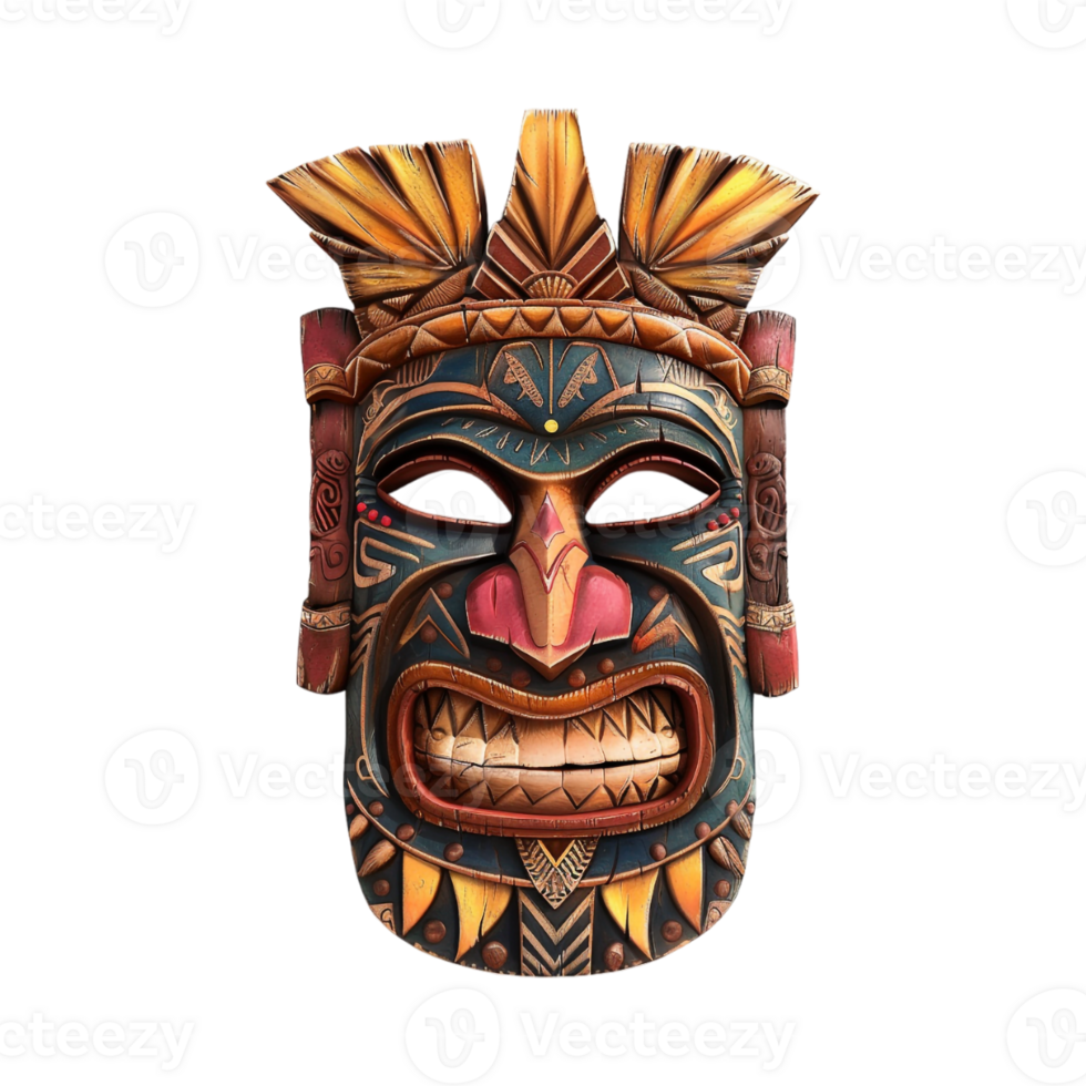Carved Wooden Tiki Mask on Transparent Background png