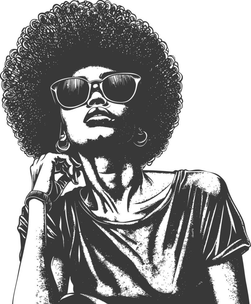 woman with afro hair style with engraving style black color only vector