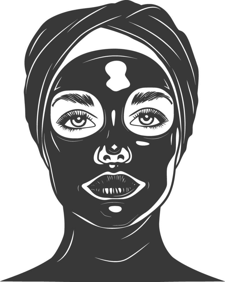 woman using face mask with engraving style black color only vector